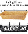 Two Pack 24 Inch Window Box Planters With Adjustable Brackets Coco Liners And Fabric Grow Bags For Deck Railing Balcony And Outdoor Garden Use Great For Sunlit Patios And Porches With Easy Mount Brackets And Durable Waterproof Finish showing dimensions and design detail.