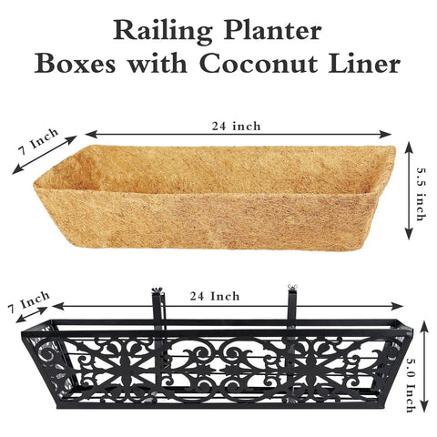 Two Pack 24 Inch Window Box Planters With Adjustable Brackets Coco Liners And Fabric Grow Bags For Deck Railing Balcony And Outdoor Garden Use Great For Sunlit Patios And Porches With Easy Mount Brackets And Durable Waterproof Finish showing dimensions and design detail.