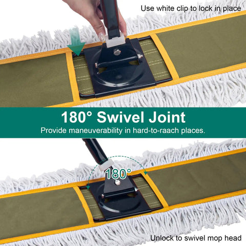 Built Tough Commercial Dust Mop With Extended Rustproof Steel Shaft And Wide Sweep Design, 180° swivel joint feature.