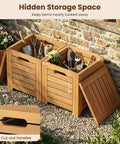 Acacia Wood Outdoor Coffee Table With Stools Three Piece Patio Set With Hidden Storage showing open storage and garden tools inside.