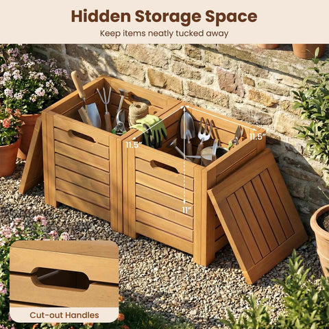 Acacia Wood Outdoor Coffee Table With Stools Three Piece Patio Set With Hidden Storage showing open storage and garden tools inside.