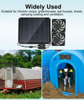 30W Solar Panel Vent Fan Kit For Small Chicken Coops, Greenhouses, Sheds, And Pet Houses, Weatherproof Outdoor Solar Exhaust Fan For Off Grid Ventilation IPX7 Waterproof Easy Install displayed with examples of use in farming environments