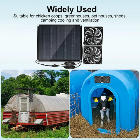 30W Solar Panel Vent Fan Kit For Small Chicken Coops, Greenhouses, Sheds, And Pet Houses, Weatherproof Outdoor Solar Exhaust Fan For Off Grid Ventilation IPX7 Waterproof Easy Install displayed with examples of use in farming environments