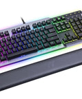 Premium Gaming Keyboard With Clicky Cherry Mx Blue Switches And Dope Rgb Backlighting, solid aluminum frame, and plush wrist rest.
