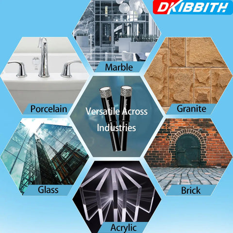Versatile drill bit uses for marble, granite, porcelain, glass, brick, and acrylic with Seven Piece Diamond Drill Bit Set For Ceramic Porcelain Marble Granite And Glass With Dry Core Bits And Wax Lubricant For Cool Cutting Round Shank Three Sixteenth Inch One Quarter Inch X2 Five Sixteenth Inch Three Eighths Inch One Half Inch.