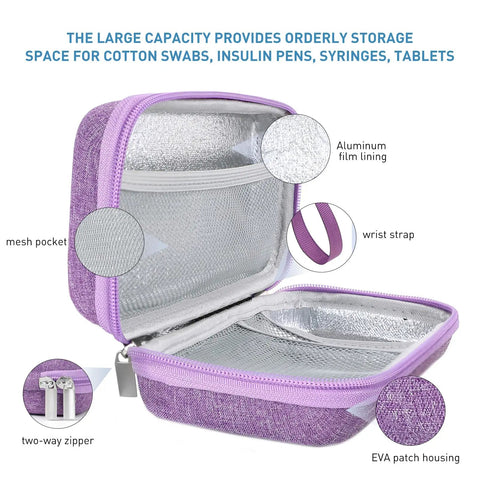 Open purple insulin cooler with EVA insulation and two ice packs for diabetes care, spacious organizer fits up to seven insulin pens and glucose monitor.