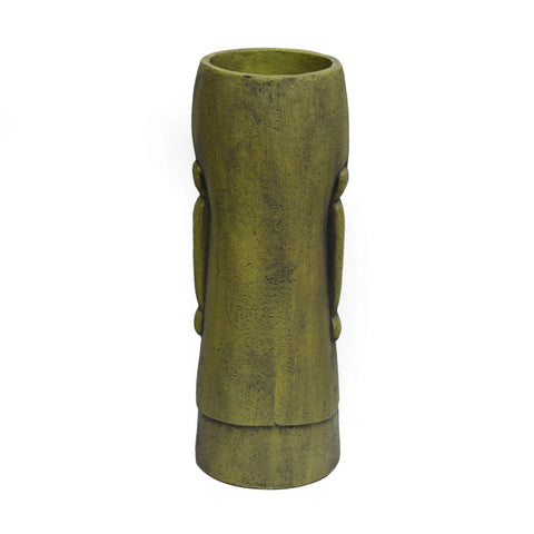Outdoor Easter Island Tiki Urn Planter in Antique Green Finish for Patio or Garden, Cast Stone Backyard Vase, front view