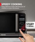 Compact Space Saver 0.9 Cu Ft Microwave Oven With 900W Power, 6 Auto Menus, LED Lighting, black stainless steel, countertop use.
