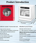 Product image of a Compact Portable Countertop Dishwasher With Built In Five Liter Water Tank and Simple Snap Faucet Adapter in red and white.
