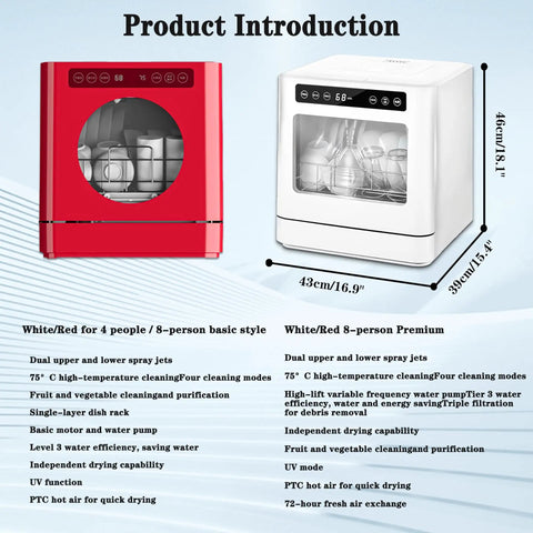 Product image of a Compact Portable Countertop Dishwasher With Built In Five Liter Water Tank and Simple Snap Faucet Adapter in red and white.