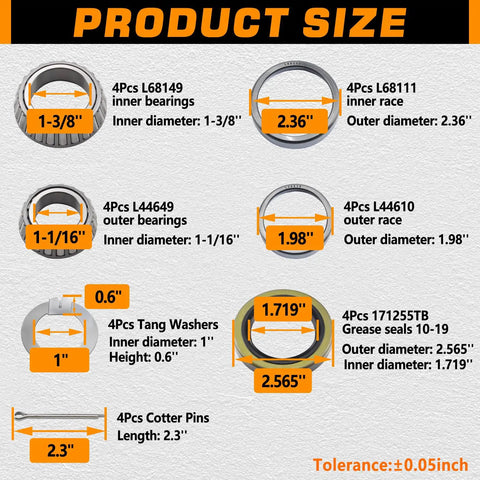 Product size chart for Trailer Axle Hub Bearings Kit For 3500 Lbs 1 3 8 Inch To 1 1 16 Inch D Style Tapered Spindles