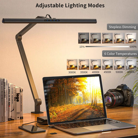 LED Desk Lamp With Clamp 17W Super Bright Swing Arm Task Light For Your Home Office with adjustable lighting modes displayed.