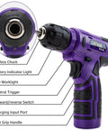 20 Piece Tool Set With 8V Purple Cordless Drill And Home Tool Kit For Quick Fixes Includes 18 Accessories And Type C Cable