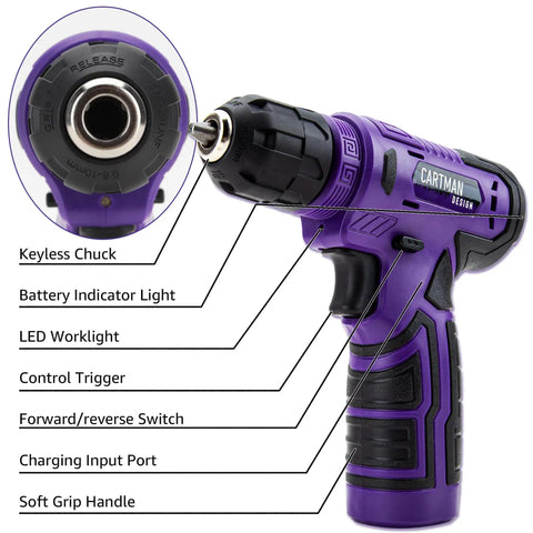 20 Piece Tool Set With 8V Purple Cordless Drill And Home Tool Kit For Quick Fixes Includes 18 Accessories And Type C Cable