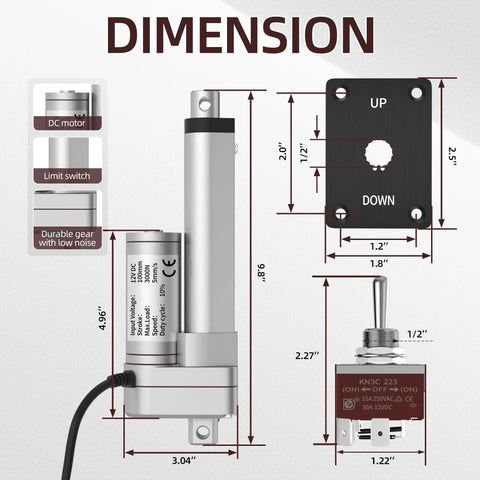 Dimensions of 12V Beefy Heavy Duty Linear Actuator 3000N 660Lbs With 4 Inch Stroke At 5 mm Per Second Waterproof Electric Piston