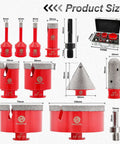 FOCSTOL 12pc diamond core drill bit set; red hole saw kit with diamond-coated bits (6–100mm) and case.