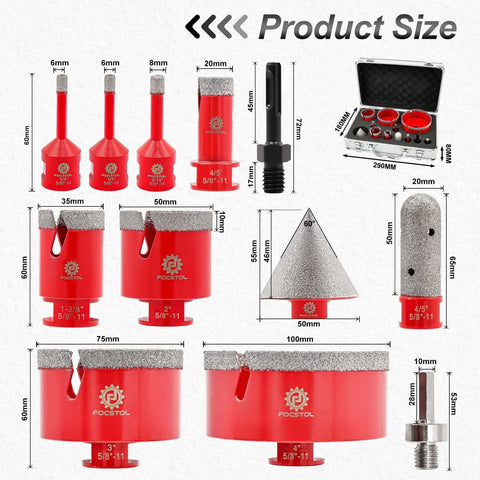 FOCSTOL 12pc diamond core drill bit set; red hole saw kit with diamond-coated bits (6–100mm) and case.