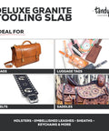 Solid As Rock Granite Tooling Slab For Leather Crafting - Heavy Duty Stone Block displayed with bags, luggage tags, belts, and saddles.