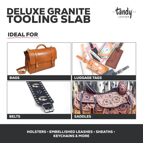Solid As Rock Granite Tooling Slab For Leather Crafting - Heavy Duty Stone Block displayed with bags, luggage tags, belts, and saddles.