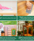 Nifty Pure Tung Oil 11.8 Ounce Bottle Natural Wood Finish shown in four-step application guide for wood projects.