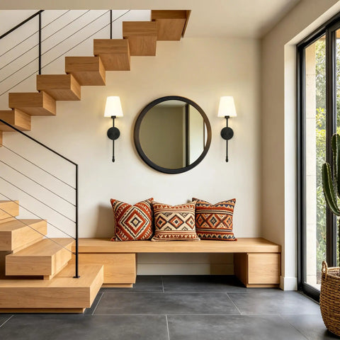 KSANA Modern Black Wall Scone Lighting Indoor with White Fabric Shade beside a seating area with decorative pillows.