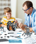 Father and son assembling robots from Solar Powered STEM Robotics Kit For Kids Aged 8 To 13 Build 12 Solar Robots Educational Science.