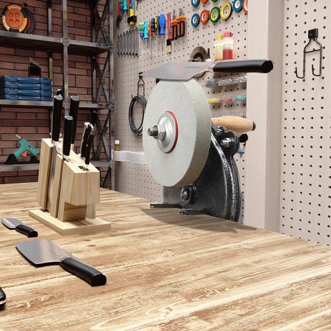 Hand Crank Kitchen Knife And Garden Tool Sharpener No Sweat Mount Quick Polish Grinder on workbench with knives