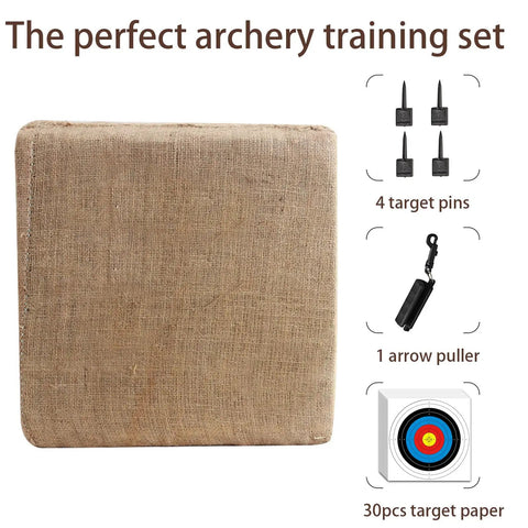 Backyard Archery Target Set Pro Grade with 20 Paper Targets and Arrow Puller, showing included pins and puller with straw target