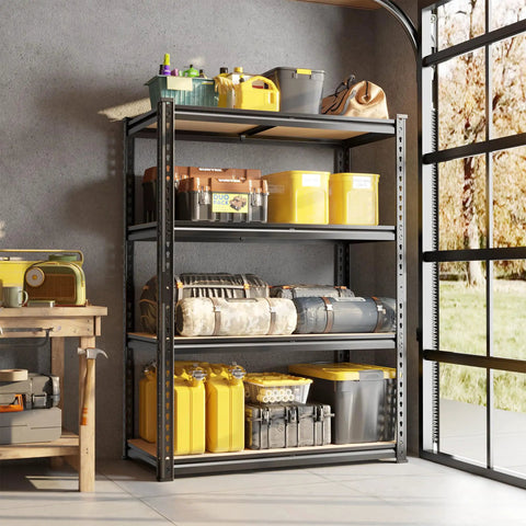 Heavy Duty 4 Tier 48 Inch Metal Shelving Unit With Easy Assembly For Home Garage 1600 Lb Capacity Rolled Edge Steel Columns Wide Open Shelves For Easy Access Storage holding bins and tools