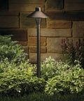 1 Light Outdoor Path Light in Centennial Brass Finish for Pathway Garden and Yard Illumination among garden greenery at night