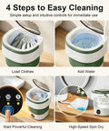 Upgrade Laundry Day To Total No Sweat With This Dope 22L Portable Foldable Washer Packed With Blue Light Washing And A Rapid Spin Basket Ideal For Baby Gear Socks And Underwear In Lime Green, demonstrating four cleaning steps.