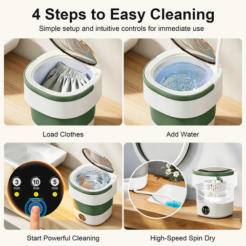 Upgrade Laundry Day To Total No Sweat With This Dope 22L Portable Foldable Washer Packed With Blue Light Washing And A Rapid Spin Basket Ideal For Baby Gear Socks And Underwear In Lime Green, demonstrating four cleaning steps.