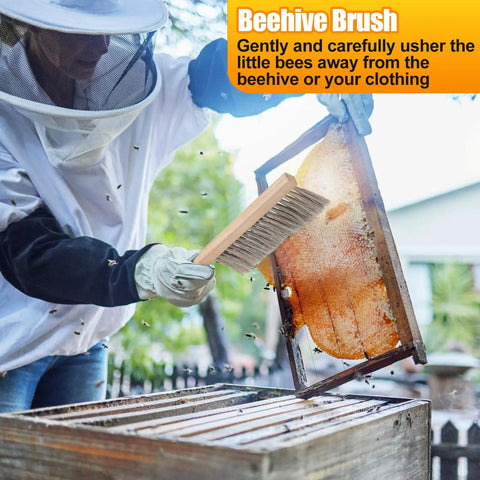 Beekeeper using Beekeeping Brush With Natural Horsehair And Wooden Handle For Hive Cleaning during honey harvest