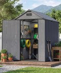 4x6 Ft Resin Outdoor Storage Shed With Floor And Lockable Door, Sloped Roof And Vent, showing interior shelving and garden tools