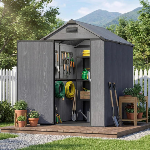 4x6 Ft Resin Outdoor Storage Shed With Floor And Lockable Door, Sloped Roof And Vent, showing interior shelving and garden tools