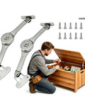 Heavy Duty Mechanical Lid Stay Hinge 110-Degree Adjustable Soft Close Built Tough For Cabinet Doors Toy Chests And Wooden Boxes No Gas Anti Slam Zinc Alloy Kit 2 Pack installed on wooden chest with man using tools