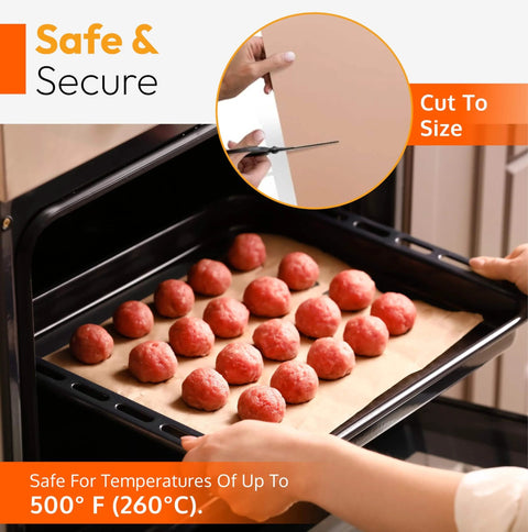 Person using Bangin Nonstick PTFE Baking Sheets Set For Oven And Air Fryer, reusable, heat-resistant, cut-to-fit, in a baking tray.