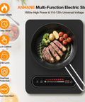1800W Portable Electric Cooktop With Timer And Child Lock, 11 Inch Single Burner cooking steak and vegetables