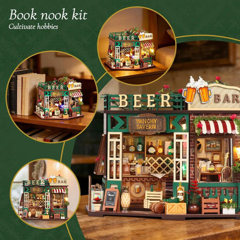DIY Mini Beer Shop House Kit For Adults 3D Wooden Puzzle Tiny Home With Furnished Interior Book Shelf Decor