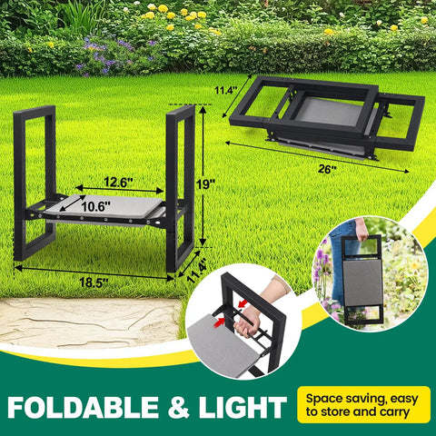 Heavy Duty Folding Garden Kneeler And Seat With Handles, shown in folded and open positions, dimensions and portability highlighted.