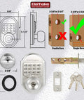 Diagram of Stainless Steel 304 Keyless Deadbolt Lock with Mechanical Keypad including parts and bore size instructions