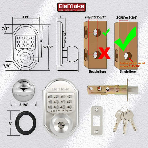Diagram of Stainless Steel 304 Keyless Deadbolt Lock with Mechanical Keypad including parts and bore size instructions