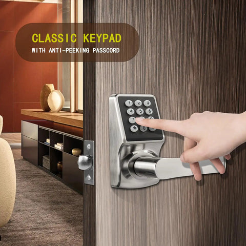 Slick Keyless Entry Door Lock With Handle Offering Hassle Free Digital Keypad And Ic Card Access For Fast Home Or Apartment Use Super Easy Install In Solid Satin Nickel Finish