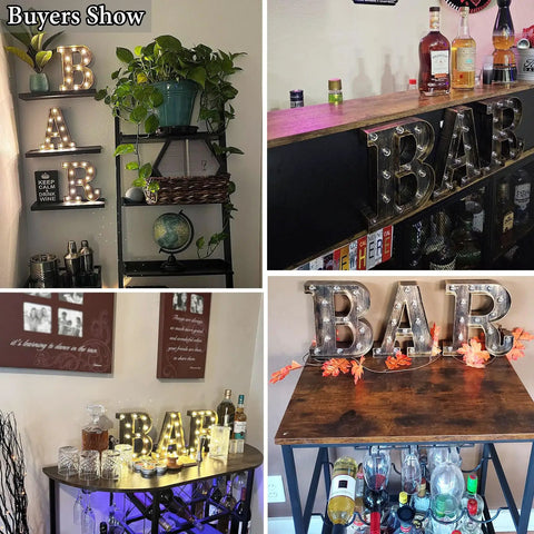 Light Up BAR Sign LED Marquee Letter For Home Bar And Party Decor displayed in various settings
