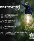 Ambience Pro USB Powered Outdoor String Lights 24 Ft Waterproof Shatterproof Patio Vibes Lighting highlighting weatherproof features