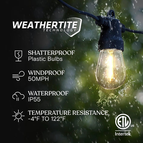 Ambience Pro USB Powered Outdoor String Lights 24 Ft Waterproof Shatterproof Patio Vibes Lighting highlighting weatherproof features