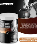 Pro Grade Espresso Machine Cleaning Tablets Kit, 100 Tablets For Jura, Miele, And All Brands, container and espresso machine.