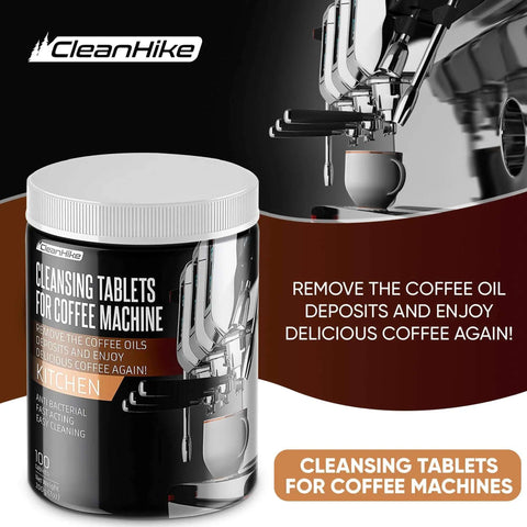 Pro Grade Espresso Machine Cleaning Tablets Kit, 100 Tablets For Jura, Miele, And All Brands, container and espresso machine.