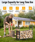 Man chopping wood beside Heavy Duty 34 Inch Firewood Rack For Indoor And Outdoor Use With Log Carrier And Kindling Hooks