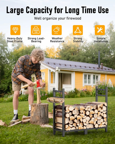 Man chopping wood beside Heavy Duty 34 Inch Firewood Rack For Indoor And Outdoor Use With Log Carrier And Kindling Hooks